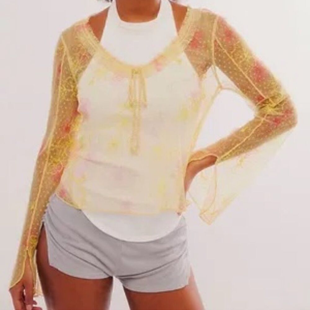 NWOT Free People Postcard from Paris Long Sleeve Lace Yellow Sheer M Embroidered